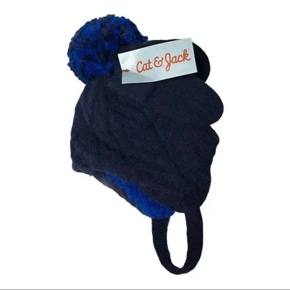 Cat & Jack Hat 0-6M Blue Pom Pom Knit Earflap Chinstrap Mittens‎ Cozy Winter NEW